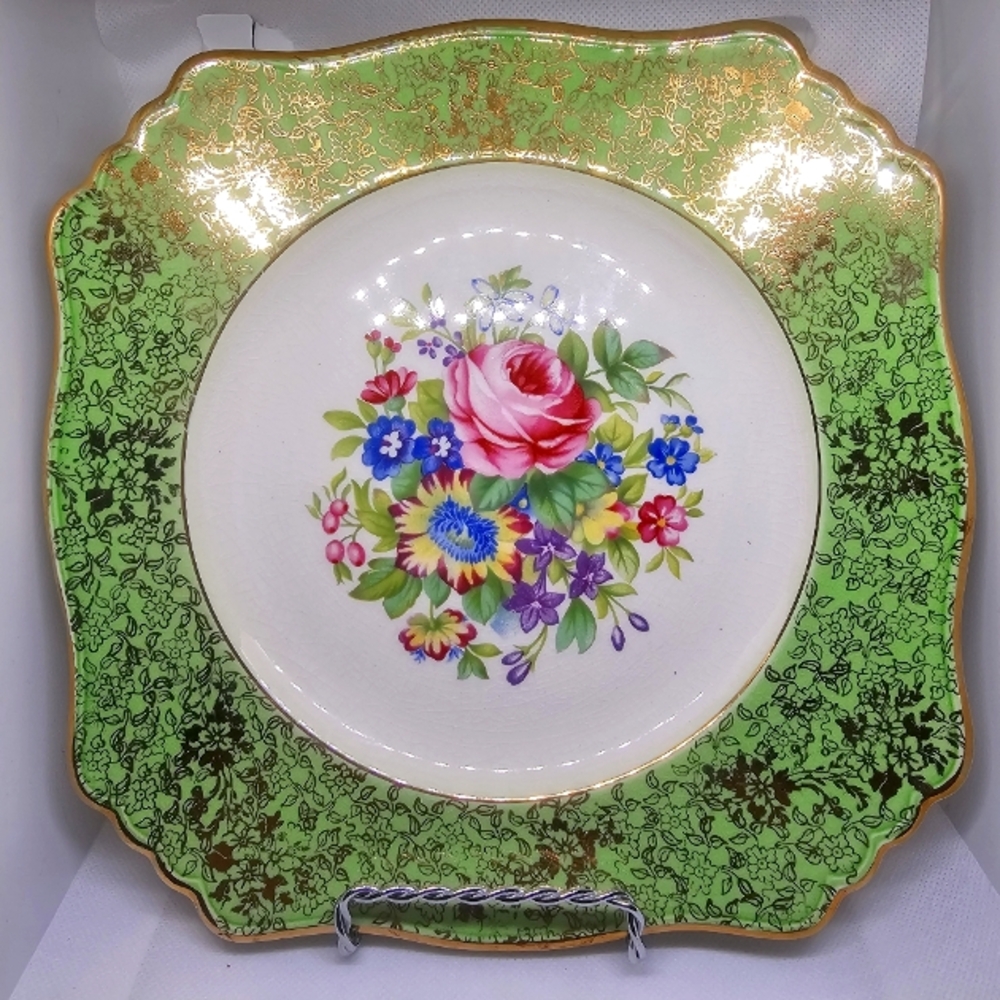 Royal Winton Grimwades England Vintage Dessert Plate Gold Chintz Green Band